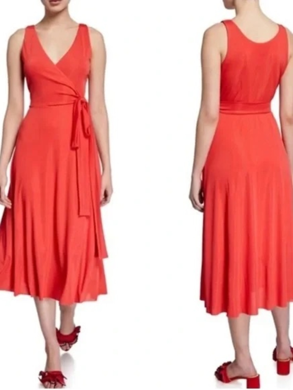 Club Monaco Jadrien Wrap Midi Dress Coral Ribbed Sleeveless Small‎